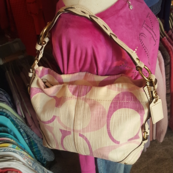 COACH Carly ♡ Gold Canvas|Leather Pinks|Cream Tonal "C" Medium Hobo Shoulder Bag - Picture 2 of 16